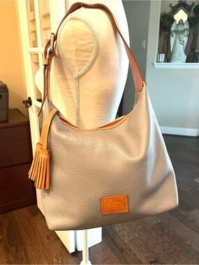 Dooney & Bourke Gray Pebble Leather Shoulder Bag with Tan Trim Paige Sac